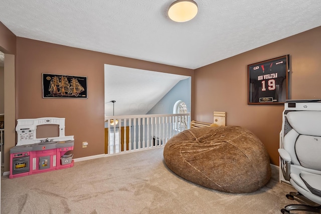 sitting room with carpet, a textured ceiling, and lofted ceiling