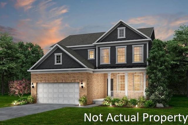 view of front facade with a garage, driveway, brick siding, and a porch