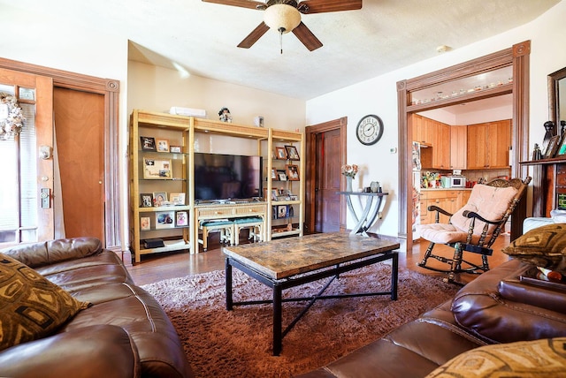 living room with ceiling fan, dark wood-type flooring, and a textured ceiling