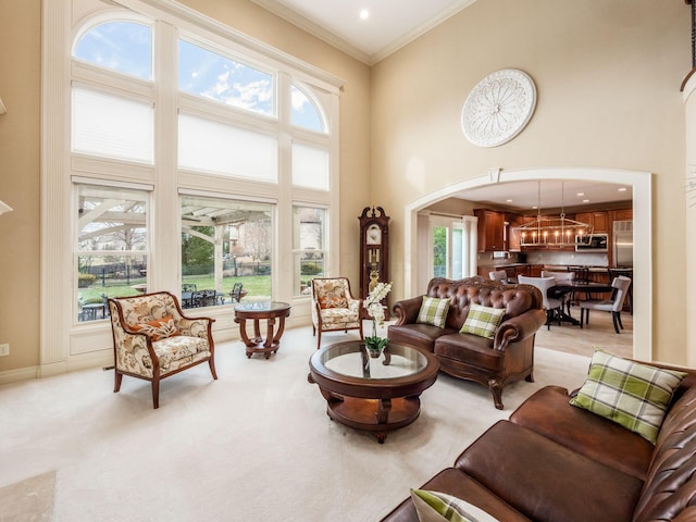 carpeted living room featuring ornamental molding and a towering ceiling