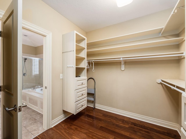 walk in closet with dark wood-type flooring