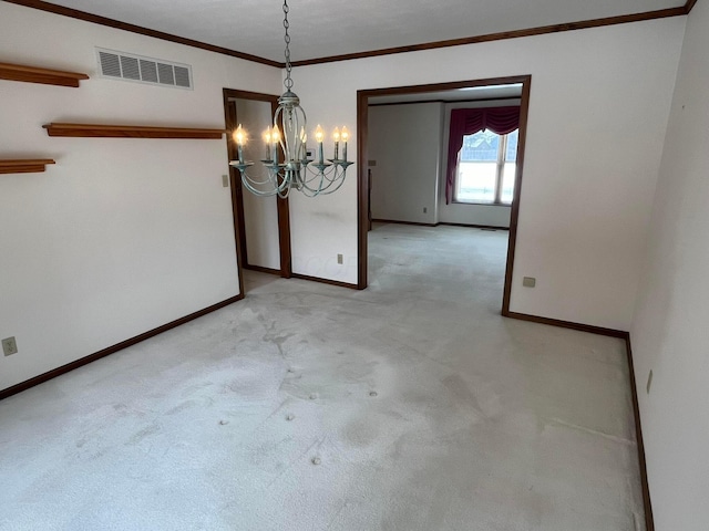 unfurnished dining area with light carpet and a chandelier