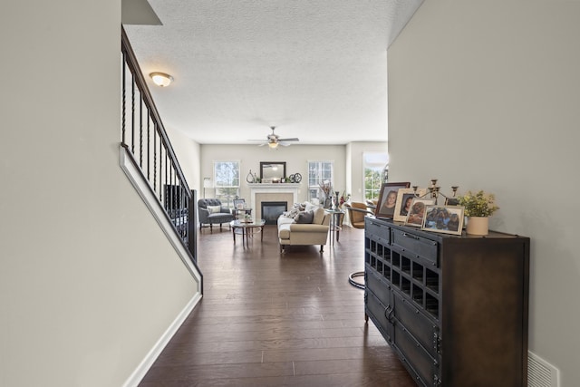 interior space featuring a textured ceiling, dark hardwood / wood-style flooring, and plenty of natural light