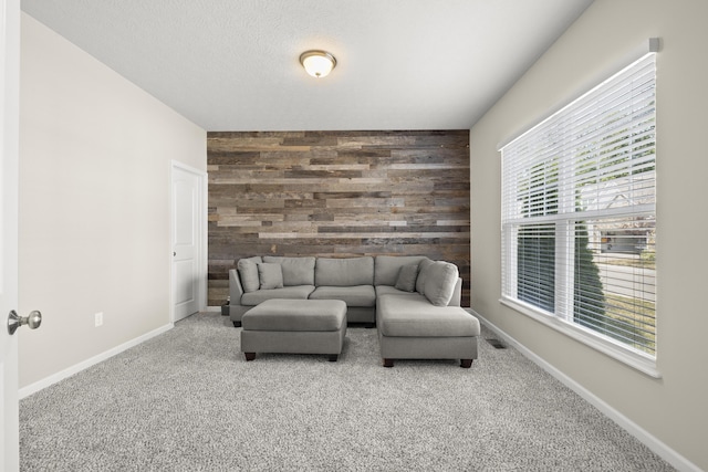 carpeted living room featuring wood walls