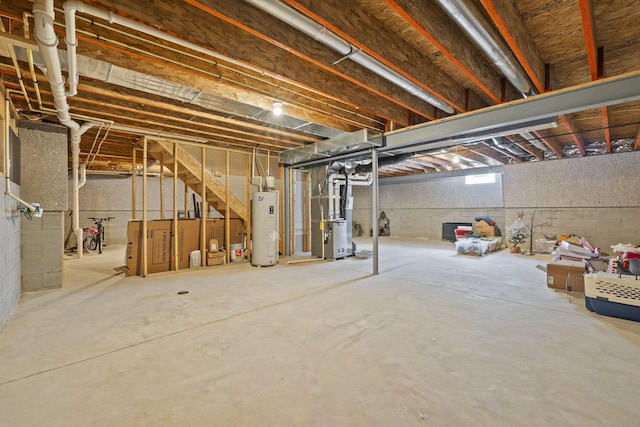 basement with heating unit and water heater