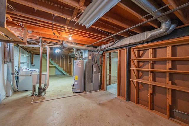 basement with separate washer and dryer, water heater, heating unit, and sink