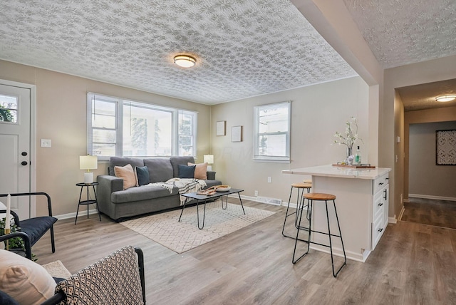 living room with a textured ceiling and light hardwood / wood-style flooring