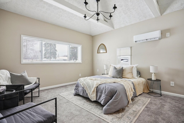 bedroom with a textured ceiling, a wall unit AC, a notable chandelier, carpet flooring, and vaulted ceiling with beams