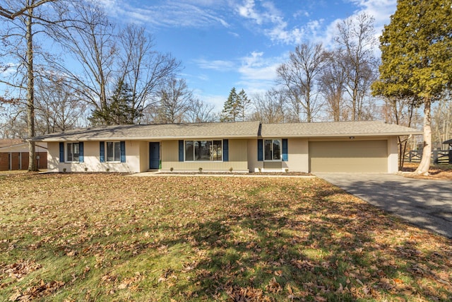 single story home with a garage and a front lawn