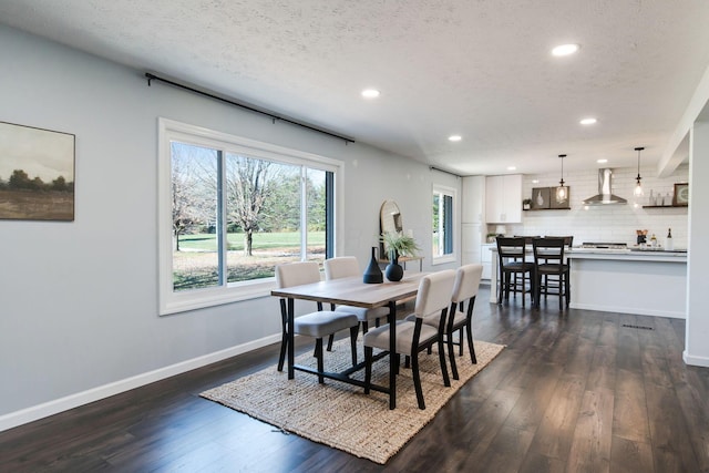 dining room with dark hardwood / wood-style flooring, a textured ceiling, and a healthy amount of sunlight