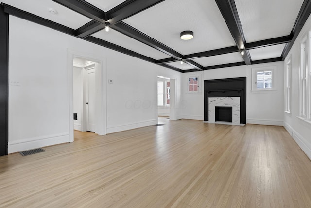 unfurnished living room featuring beam ceiling, a healthy amount of sunlight, coffered ceiling, a high end fireplace, and light hardwood / wood-style floors