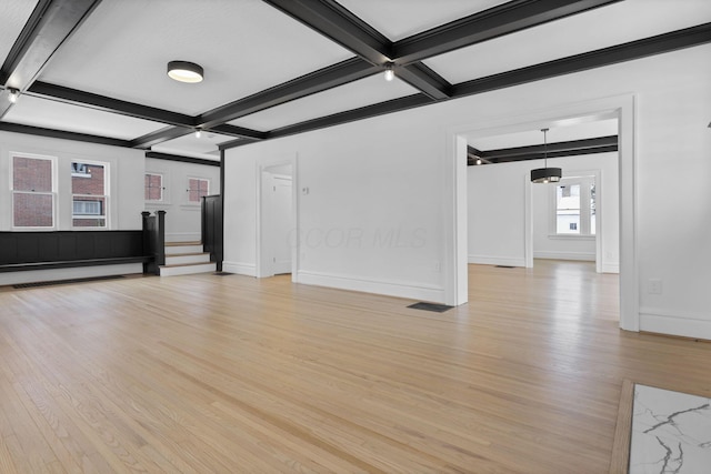 unfurnished living room with beam ceiling, light wood-type flooring, and coffered ceiling