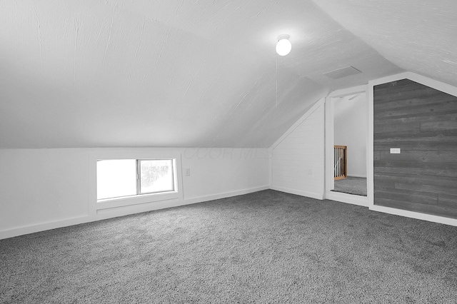 additional living space featuring vaulted ceiling, carpet floors, and a textured ceiling