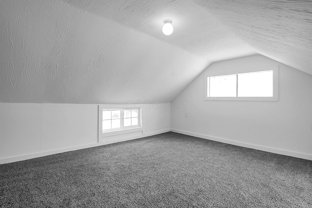 bonus room with carpet, a textured ceiling, a wealth of natural light, and lofted ceiling