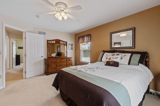 carpeted bedroom featuring ceiling fan