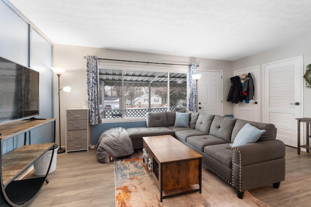 living room with light hardwood / wood-style floors and a textured ceiling