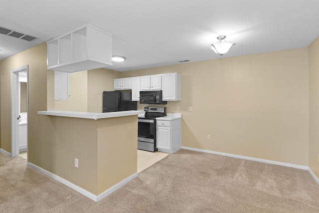 kitchen featuring kitchen peninsula, white cabinets, black appliances, and light colored carpet