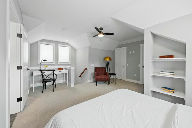 bedroom with ceiling fan, light carpet, and lofted ceiling