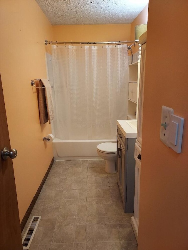 full bathroom with a textured ceiling, toilet, vanity, and shower / bathtub combination with curtain