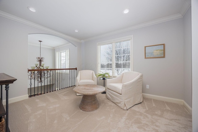 sitting room with light colored carpet and crown molding