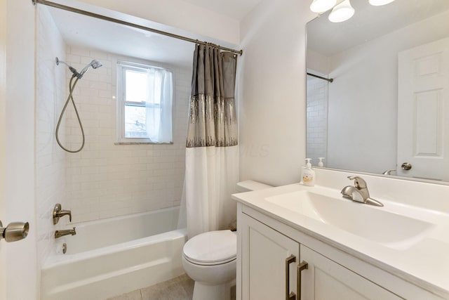 full bathroom with toilet, vanity, shower / tub combo, and tile patterned flooring