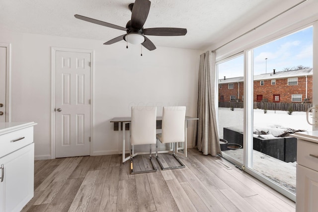 office area with a textured ceiling, ceiling fan, and light hardwood / wood-style floors