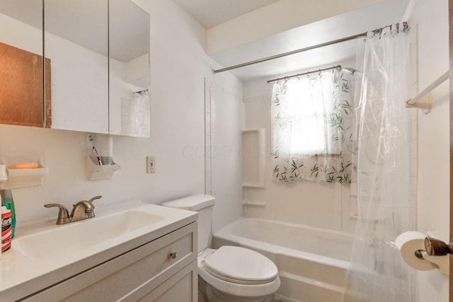 full bathroom featuring toilet, vanity, and shower / bathtub combination with curtain