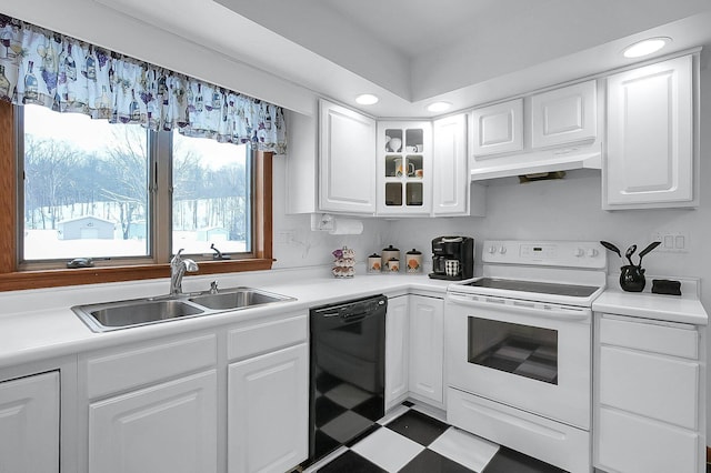 kitchen with white cabinetry, sink, black dishwasher, range hood, and white electric stove