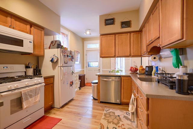 kitchen with light wood-type flooring, sink, and white appliances