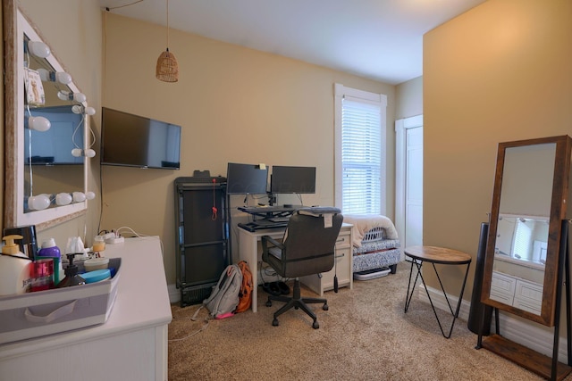 office area featuring light colored carpet