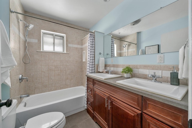 full bathroom featuring shower / bathtub combination with curtain, toilet, tile patterned floors, backsplash, and vanity