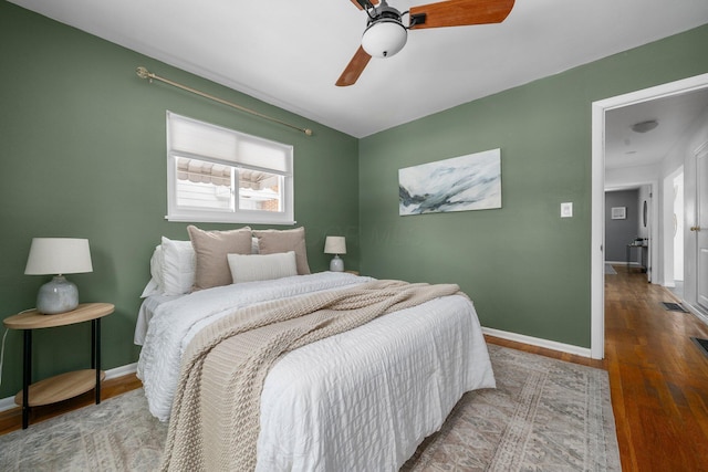 bedroom with ceiling fan and wood-type flooring