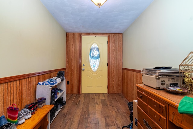 foyer with a textured ceiling and dark hardwood / wood-style floors