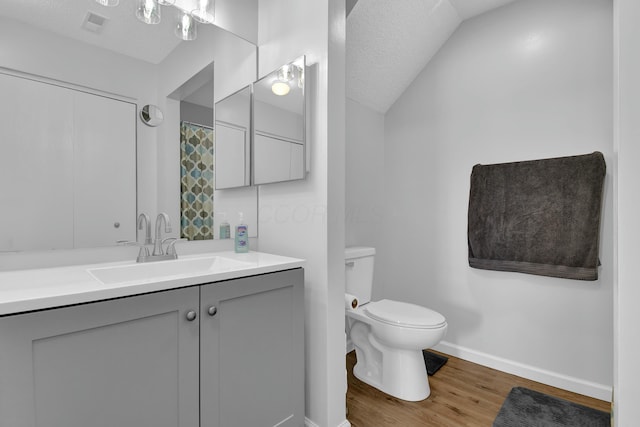 bathroom featuring vanity, wood-type flooring, a textured ceiling, and toilet