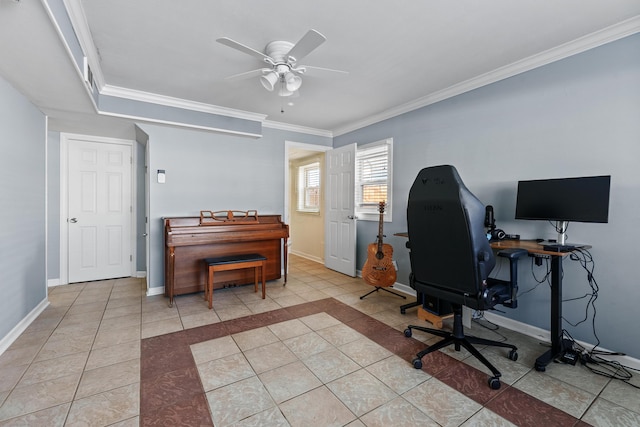 office with ceiling fan, light tile patterned floors, and ornamental molding