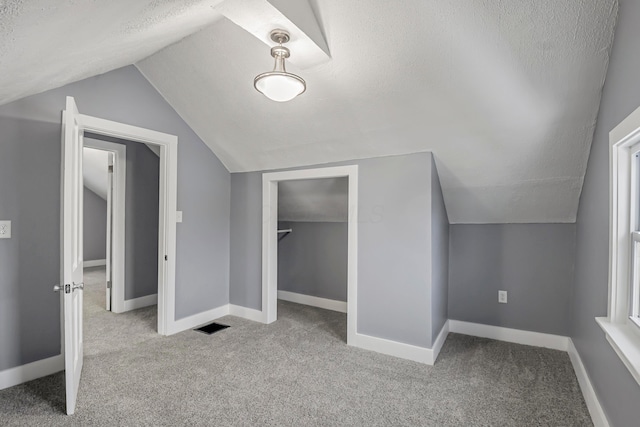 additional living space featuring light carpet, a textured ceiling, and lofted ceiling