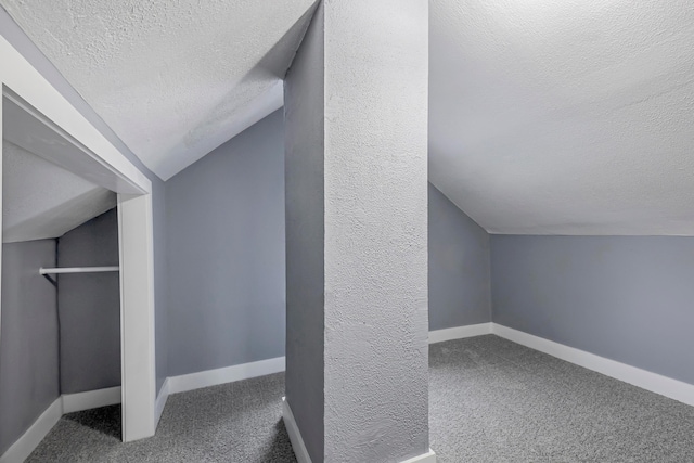 additional living space featuring carpet flooring, a textured ceiling, and vaulted ceiling