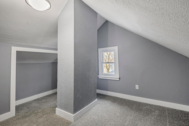 additional living space featuring carpet, lofted ceiling, and a textured ceiling