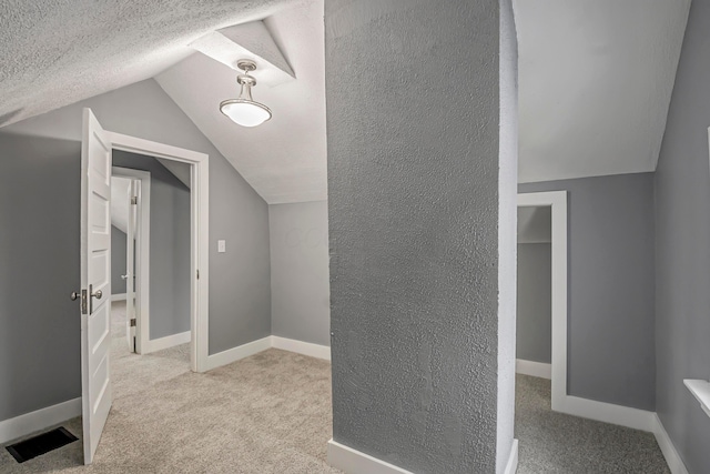 additional living space with light colored carpet, lofted ceiling, and a textured ceiling