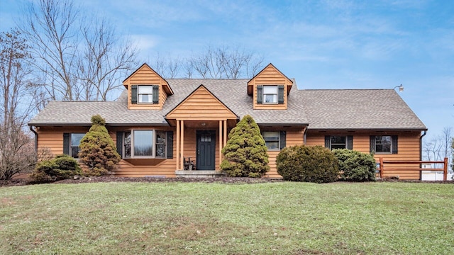 view of front of home with a shingled roof and a front yard