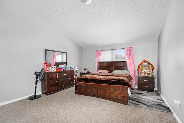 carpeted bedroom featuring lofted ceiling and a textured ceiling