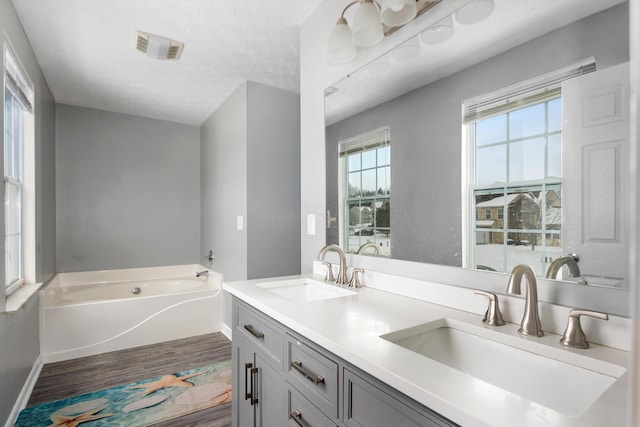 bathroom with a bathing tub, vanity, plenty of natural light, and a textured ceiling