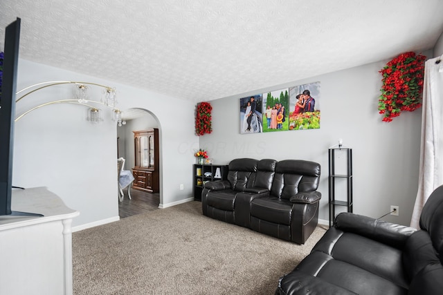 living room with carpet flooring and a textured ceiling