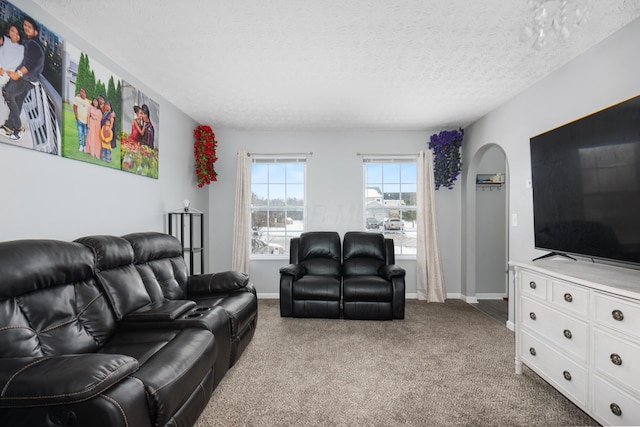 living room with light carpet and a textured ceiling