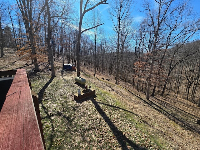 view of yard with a forest view