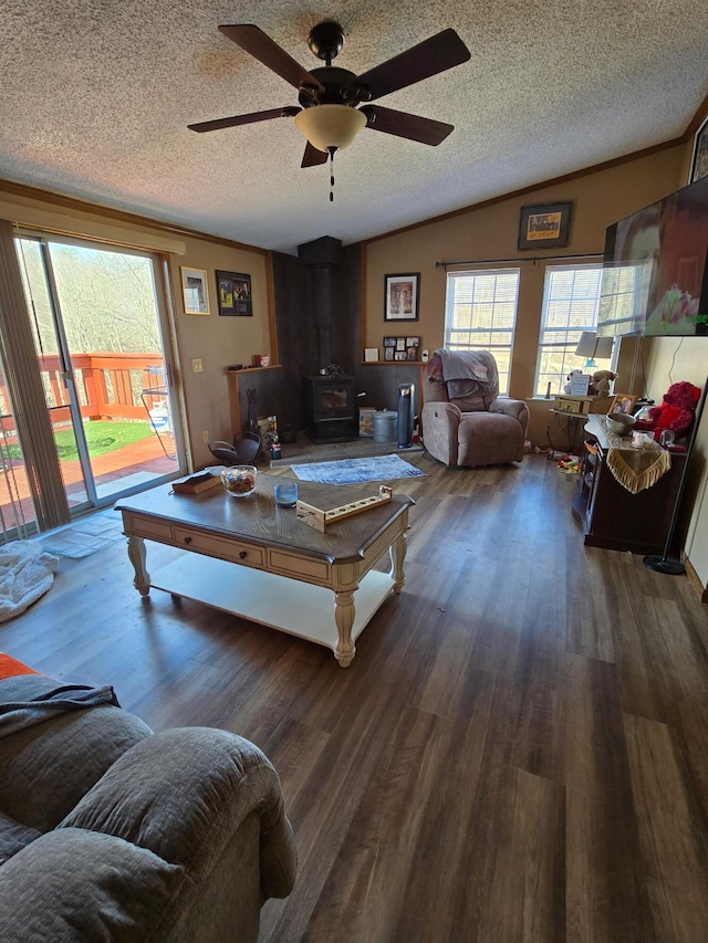 living area with lofted ceiling, a textured ceiling, wood finished floors, and a wood stove