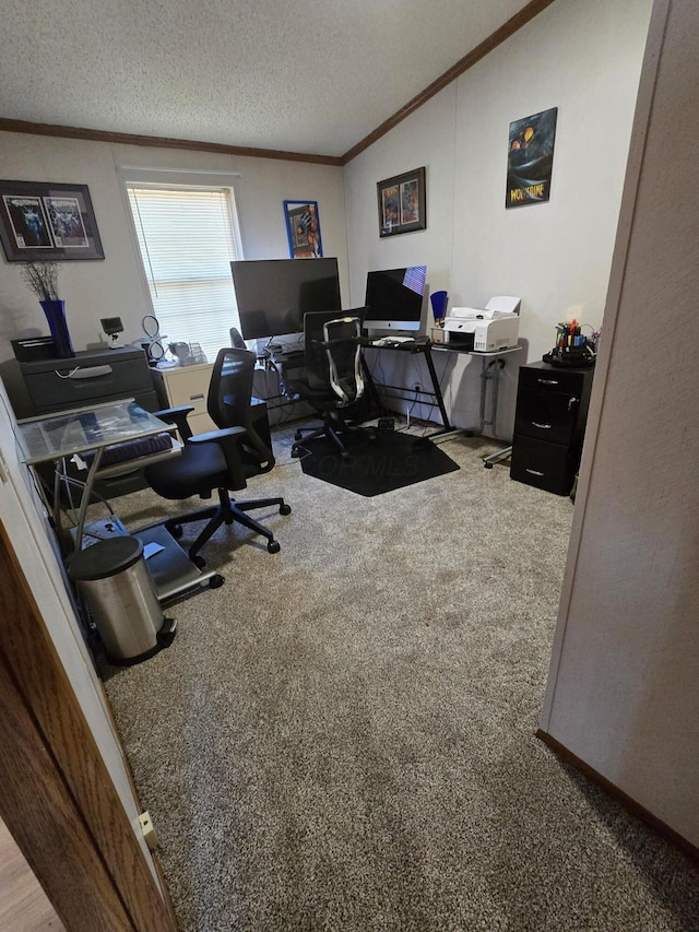 office space featuring carpet, vaulted ceiling, crown molding, and a textured ceiling