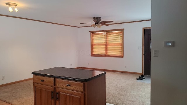 interior space featuring light carpet, ceiling fan, and ornamental molding