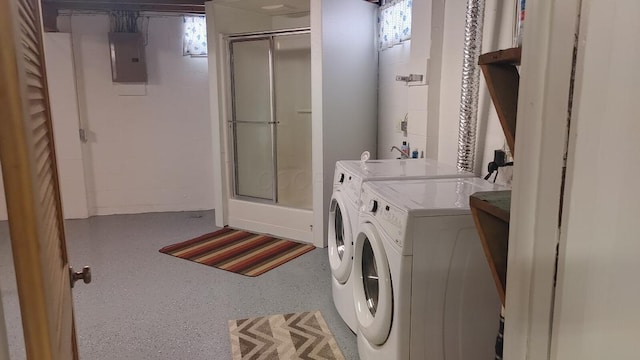 laundry area with electric panel and separate washer and dryer