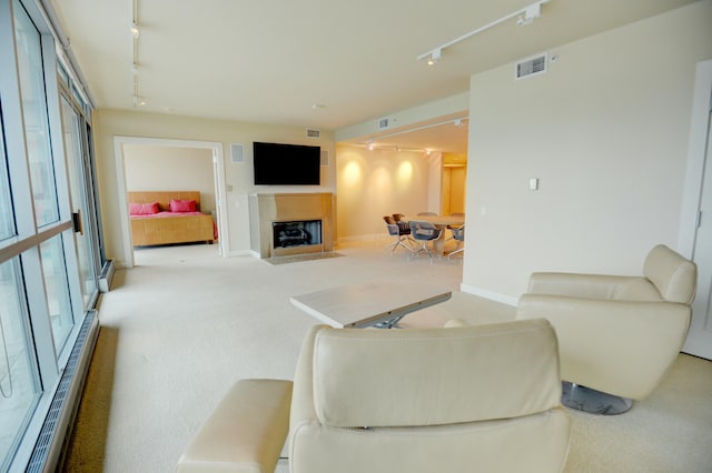 living room with light colored carpet, a wealth of natural light, and track lighting